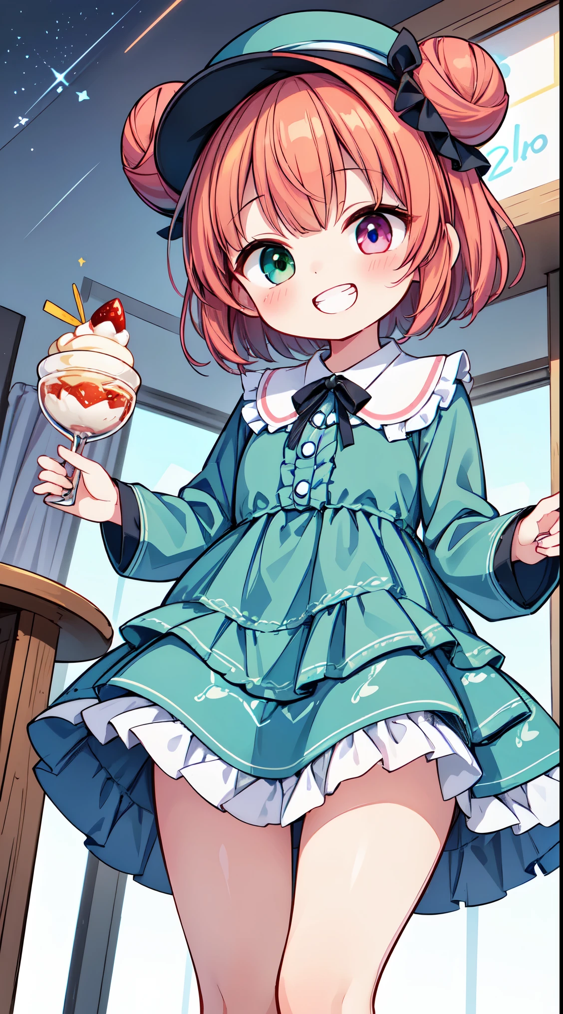 (8k, best quality, masterpiece:1.2),(best quality:1.0), (ultra highres:1.0), watercolor,
BREAK, 1 beautiful girl, (kawaii:1.5), (Chibi: 0.8), (kawaii: 1.5), (Lori: 0.5), ( girl), BREAK(Red hair, short-hair,Two buns hair:1.4),(:D,grin:1.3),( Heterochromia,The blue eyes,The green eyes, Eye Highlights,The first hyperfine stars:1.45), star the eye silhouette thick eyelashes, naked boobs double eyelids:1.2),(de pele branca), (The best smile,:D:1.45),
BREAK, train,station,(a girl), platform, snow, BREAK, (dessert motif inspired:1.2), white lace, (closed collar long-sleeved blouse:1.2) with frilled and ribbon, a volumey pannier under a (dessert-pattern long dress:1.6) with (lots of layered frills:1.2) and ribbons, (lace ruffle socks:1.2), dessert-themed accessories, hat, platform shoes,
BREAK,wakame,wakame,wakame,(Cowboy Shot,from below:1.4),
BREAK,(Blurry background:1.3),(absurderes, hight resolution, Super Detail Art),cel shading,Clear Color, Lonely optical effect, Beautiful pictures, Bright glow, mystic atmosphere,(Close-up of girl:1.1), Mystical light particle effect,manga influence, clean line drawings,