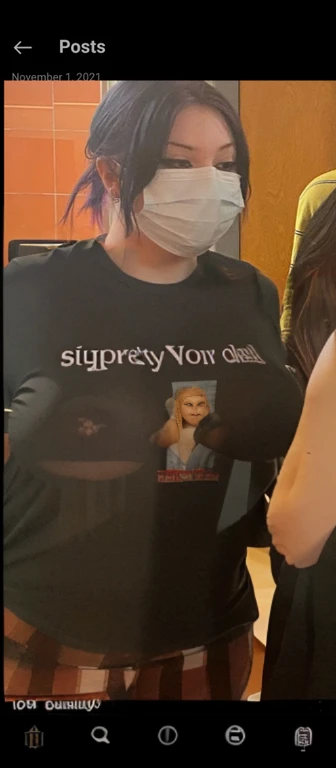there is a woman wearing a face mask and a shirt, looks like domhnall gleeson, xqc, with the face of emma watson, wearing a t-shirt, very grainy, unknown artist, tommy 1 , Big tits, huge tits, no clothes, sexy, cute, wide hips, thick thighs, pear-shaped body, minimal clothes, thick, bbw, chubby stomach, thick nipples, nipple piercings, large areola, hard nipples, piercing through shirt, nipples hard through shirt, busty, major cleavage, naked, ripping through top, boobs spilling over sides, bra too tight, giant tits, extra wide hips, upper body zoom in