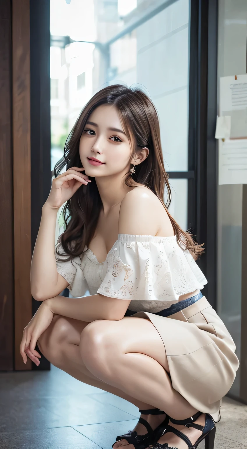 Innocent 16 year old girl、((random color off shoulder blouse,skirt,dramatic pose)),cute face,bright eyes,tear bag,shy smile,shortcut,Cafe background,RAW photo, (8K、highest quality、masterpiece:1.2)、(intricate details:1.4)、(realistic:1.4)、octane rendering、Intricate 3D rendering Super detaileded, soft light in the studio, rim light, vivid details, Super detailed, realistic skin texture, face, beautiful detailed eyes, Highly detailed CG Unity 16k wallpaper, compensate, (detailed background:1.2), shiny skin, whole body、Draw from head to foot、cleavage,((Squat with your knees bent,M-shaped legs))