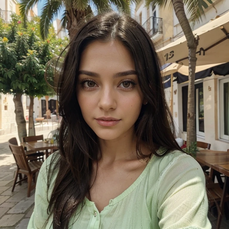 Too beautiful brunette with striking features Spanish Latin with long black hair 33 years old with big bright green eyes, taking a selfie dressed in clothes for the European summer in Spain