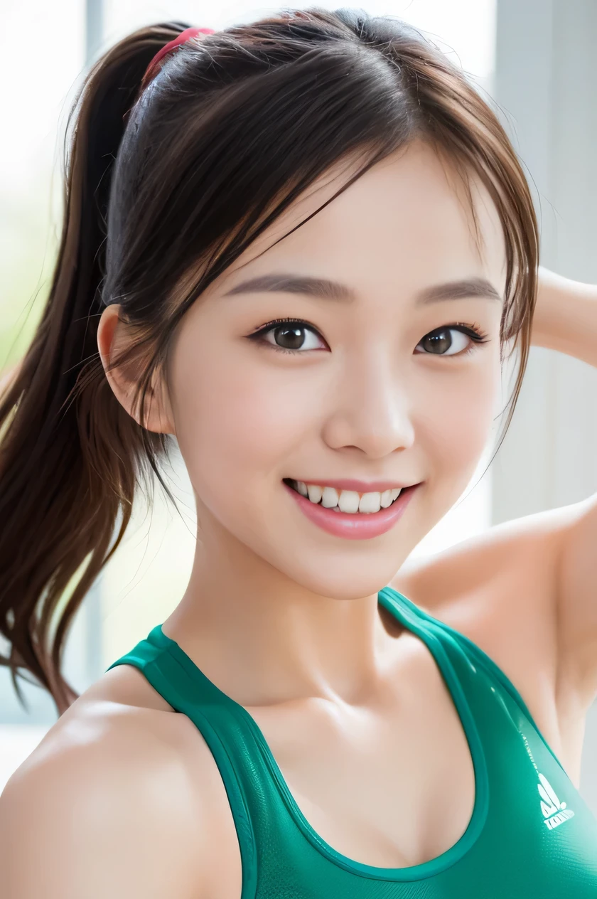 The beauty of 8K raw photos:2.0, ponytail, 15 years old, great face and dark eyes, stare at the camera, A smile full of joy:1.6, show teeth, dynamic pose, demonstrate yoga poses, （Green Sportswear:1.2)、wear sneakers:1.4, realistic:1.9, very detailed CG 統合 8k 壁紙, very detailed, High resolution RAW color photos, professional photos, Shooting in the gym, girl sexy portrait