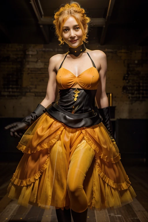 Girl1, solid yellow hair, wavy hair, orange highlights, orange clover around waist, short hair, yellow ball gown, black gold coreset, black pantyhose underneath, yellow chest piece, gloves, orange bracelet, black leotard, orange vertical tights, poofy gown, orange chocker, orange ball gown, short gloves, smile