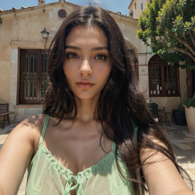 Too beautiful brunette with striking features Spanish Latin with long black hair 33 years old with big bright green eyes, taking a selfie dressed in clothes for the European summer in Spain
