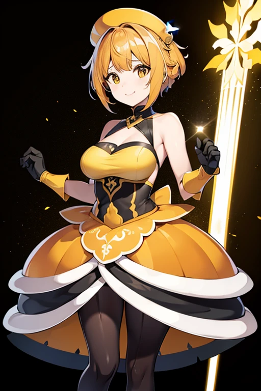 Girl1, solid yellow hair, wavy hair, orange highlights, orange clover around waist, short hair, yellow ball gown, black gold coreset, black pantyhose underneath, yellow chest piece, gloves, orange bracelet, black leotard, orange vertical tights, poofy gown, orange chocker, orange ball gown, short gloves, smile