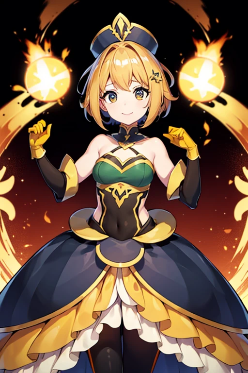 Girl1, solid yellow hair, wavy hair, orange highlights, orange clover around waist, short hair, yellow ball gown, black gold coreset, black pantyhose underneath, yellow chest piece, gloves, orange bracelet, black leotard, orange vertical tights, poofy gown, orange chocker, orange ball gown, short gloves, smile