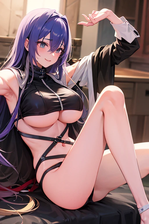 Black hair, blue eyes, large , sexy, utiful body, bed, Masterpiece, angel, white wings, smile