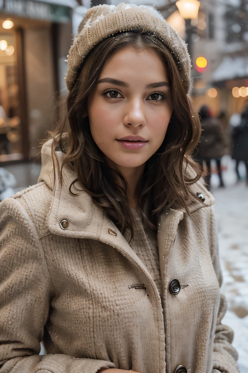 Breathtaking cinematic photo of a 25 year old girl with brown hair and brown eyes, happy, cheerful expression, closed mouth, beautiful lips, intricate details, shallow depth of field, highly detailed, high budget, epic Hollywood film, gorgeous, masterpiece, award-winning, professional, highly detailed, detailed skin texture, (blush: 0.5), (goosebumps: 0.5). (the most beautiful woman in the world) (brown hair) (short curly hair, wild hair, stylish cut) thin face, thin nose, beautiful, very beautiful, perfect face, slender body (slender), (brown hair) (brown eyes ) (white skin) Beautiful body, western face, predatory eyes, pink lips, thick thighs. full body, western beauty, thin nose, beautiful, perfect, ((best quality)), ((ultra resolution)), ((photorealistic: 1.4)), (intricate details), perfect face, makeup: 1.5 , clear face, facial details. The travel model takes a leisurely stroll through the historic streets of Mala Strana, nestled below Prague Castle. She's dressed in an elegant wool coat and knee-high boots, her hair neatly styled under a fashionable hat. The baroque architecture of the neighborhood, covered in a layer of snow, provides a picturesque and charming setting..