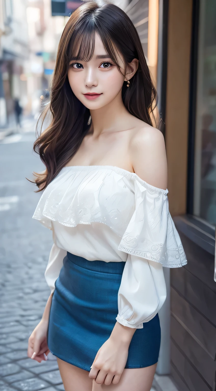 Innocent 16 year old girl、((random color off shoulder blouse,skirt,dramatic pose)),cute face,bright eyes,tear bag,shy smile,shortcut,Cafe background,RAW photo, (8K、highest quality、masterpiece:1.2)、(intricate details:1.4)、(realistic:1.4)、octane rendering、Intricate 3D rendering Super detaileded, soft light in the studio, rim light, vivid details, Super detailed, realistic skin texture, face, beautiful detailed eyes, Highly detailed CG Unity 16k wallpaper, compensate, (detailed background:1.2), shiny skin, whole body、Draw from head to foot、cleavage,((skirtをめくって立つ,Thighs are visible))