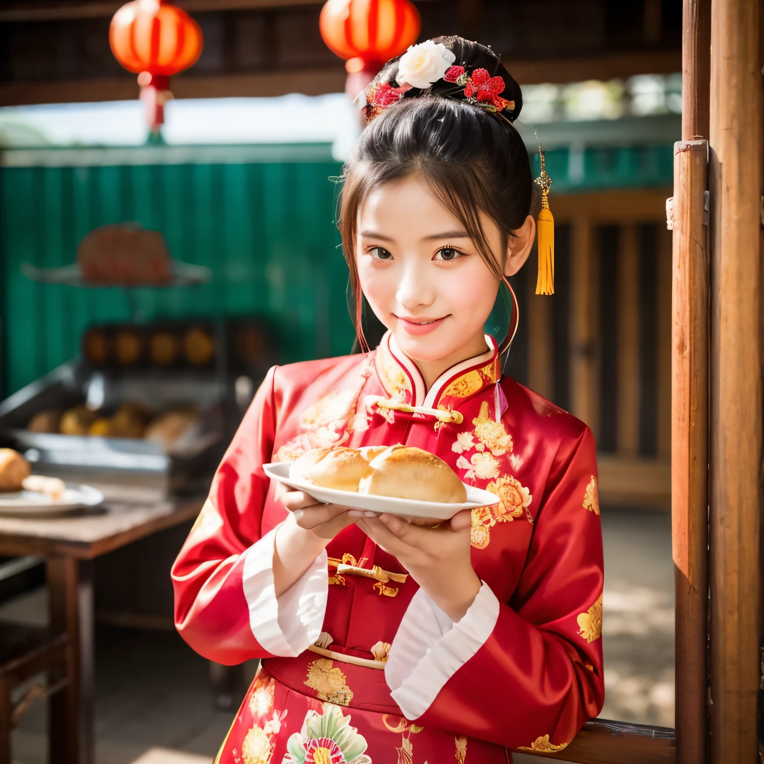 A beautiful girl wearing Chinese clothes is holding a meat bun