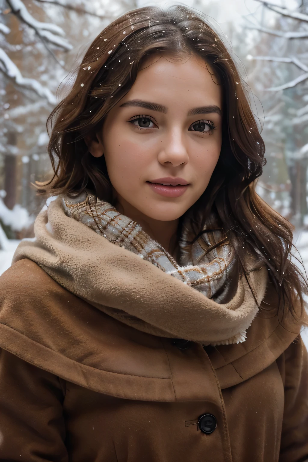 Breathtaking cinematic photo of a 25 year old girl with brown hair and brown eyes, happy, cheerful expression, closed mouth, beautiful lips, intricate details, shallow depth of field, highly detailed, high budget, epic Hollywood film, gorgeous, masterpiece, award-winning, professional, highly detailed, detailed skin texture, (blush: 0.5), (goosebumps: 0.5). (the most beautiful woman in the world) (brown hair) (short curly hair, wild hair, stylish cut) thin face, thin nose, beautiful, very beautiful, perfect face, slender body (slender), (brown hair) (brown eyes ) (white skin) Beautiful body, western face, predatory eyes, pink lips, thick thighs. full body, western beauty, thin nose, beautiful, perfect, ((best quality)), ((ultra resolution)), ((photorealistic: 1.4)), (intricate details), perfect face, makeup: 1.5 , clear face, facial details. The travel model enjoys a delightful sleigh ride through the snowy landscapes of Igls. She's bundled up in a cozy winter outfit with a fluffy scarf and mittens. The horse-drawn sleigh glides through the snow-covered forest, surrounded by the enchanting winter scenery of Innsbruck's outskirts.