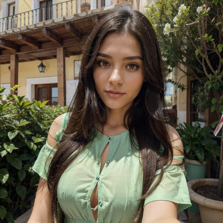 Too beautiful brunette with striking features Spanish Latin with long black hair 33 years old with big bright green eyes, taking a selfie dressed in clothes for the European Spring  in Spain 