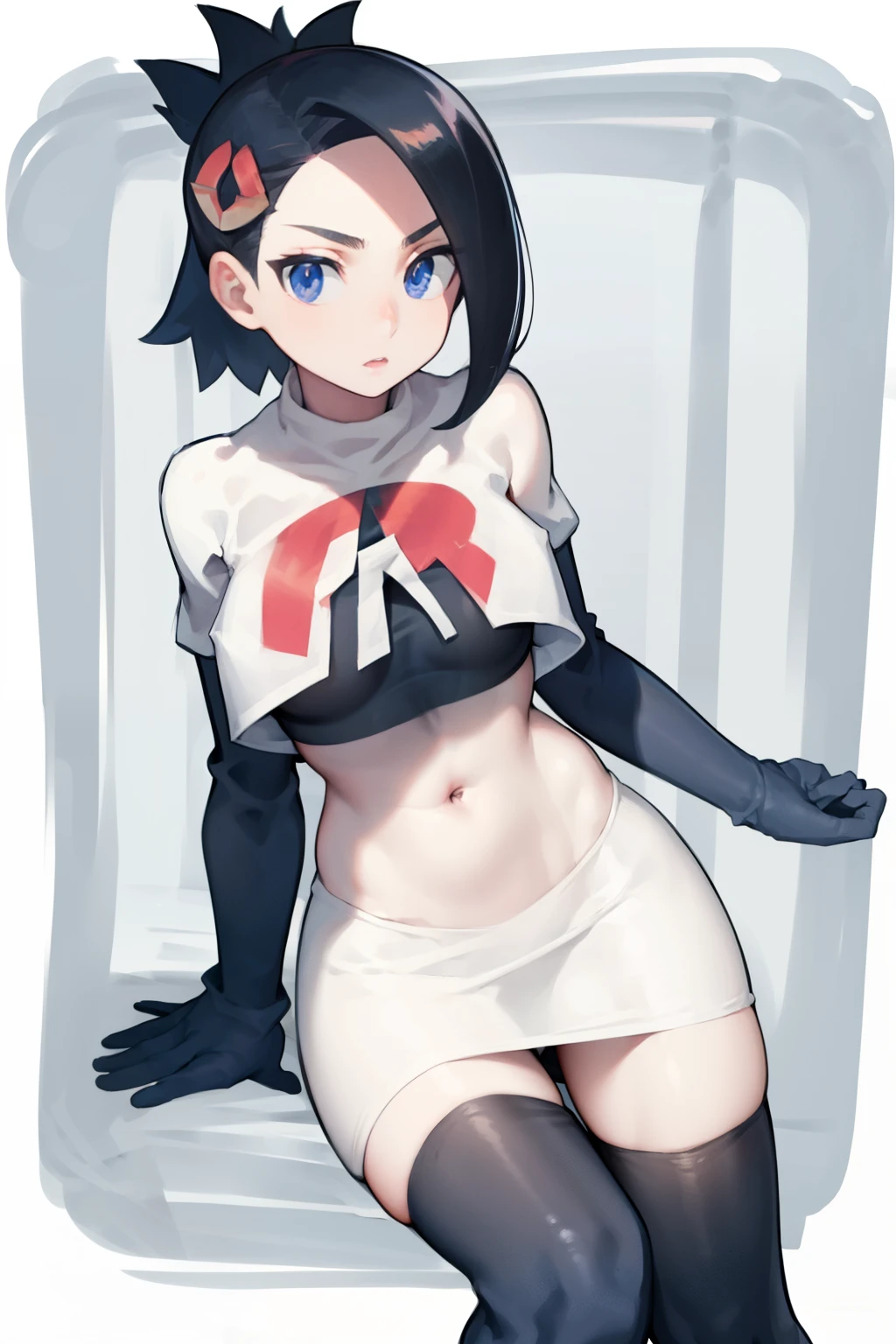 mai, 1girl, breasts, looking at viewer, short hair, blue eyes, black hair, hair ornament, bow-shaped hair, team rocket,team rocket uniform,white skirt,crop top,black thigh-highs,black elbow gloves,