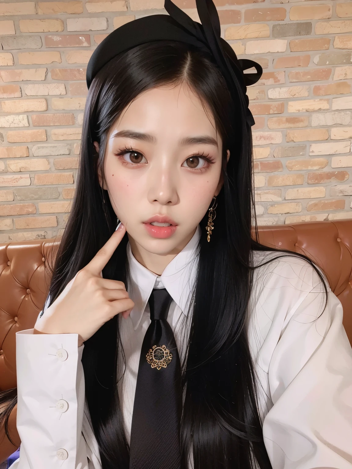 There's a woman with long black hair wearing a tie, Ulzzang, adorable and pale korean face, jossi do blackpink, jaeyeon nam, portrait of jossi do blackpink, korean idol, jia, Jinyoung Shin, with black braids, maquiagem sul-coreana popular, Heonhwa Choe, Lalisa Manobal, kda, Jisoo do Blackpink