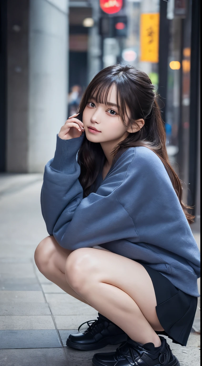 Innocent 16 year old girl、((Oversized sweatshirts in random colors,skirt,dramatic pose)),cute face,bright eyes,tear bag,shy smile,shortcut,Cafe background,Raw photo, (8K、highest quality、masterpiece:1.2)、(intricate details:1.4)、(photorealistic:1.4)、octane rendering、Intricate 3D rendering super detailed, studio soft light, rim light, vivid details, super detail, realistic skin texture, details face, beautiful detail eyes, Highly detailed CG Unity 16k wallpaper, Makeup, (Detailed background:1.2), shiny skin, whole body、Draw from head to foot,((Squat with your knees bent,M-shaped legs))