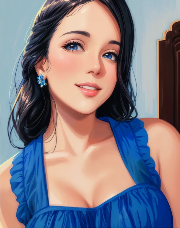 there is a woman in a blue dress smiling for the camera, in style of digital illustration, digital art of an elegant, detailed color portrait, digital illustration portrait, digital portrait, digital art!!, cartoon digital painting, glossy digital painting, solo portrait 🎨🖌️, in style of digital painting, digital art. @mariomaniacdude