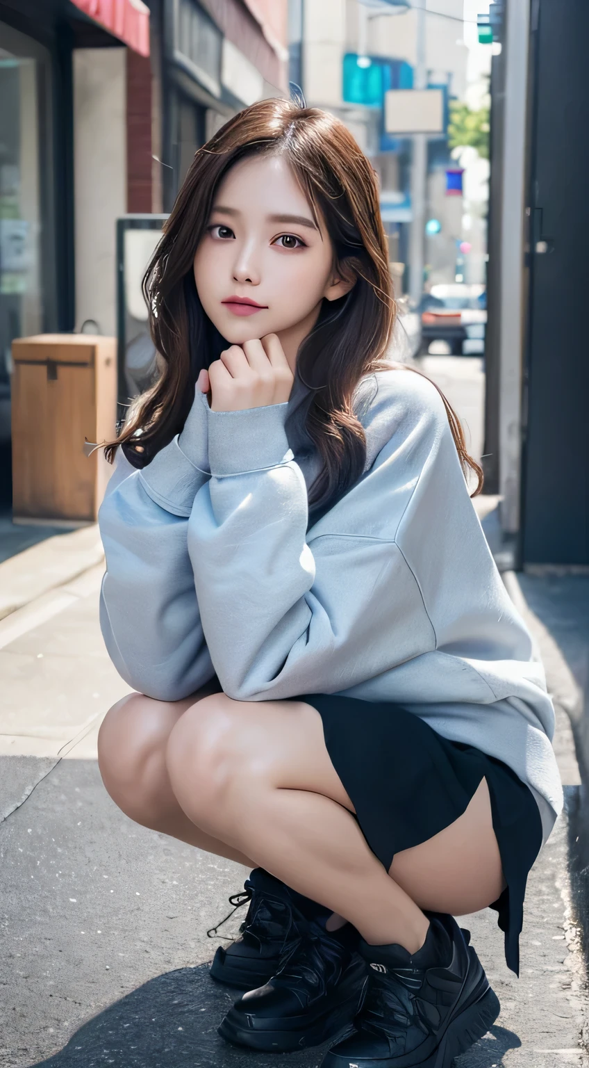 Innocent 16 year old girl、((Random color oversized sweatshirt,skirt,dramatic pose)),cute face,bright eyes,tear bag,shy smile,shortcut,Cafe background,RAW photo, (8K、highest quality、masterpiece:1.2)、(intricate details:1.4)、(realistic:1.4)、octane rendering、Intricate 3D rendering Super detaileded, soft light in the studio, rim light, vivid details, Super detailed, realistic skin texture, face, beautiful detailed eyes, Highly detailed CG Unity 16k wallpaper, compensate, (detailed background:1.2), shiny skin, whole body、Draw from head to foot,((Squat with your knees bent,M-shaped legs))