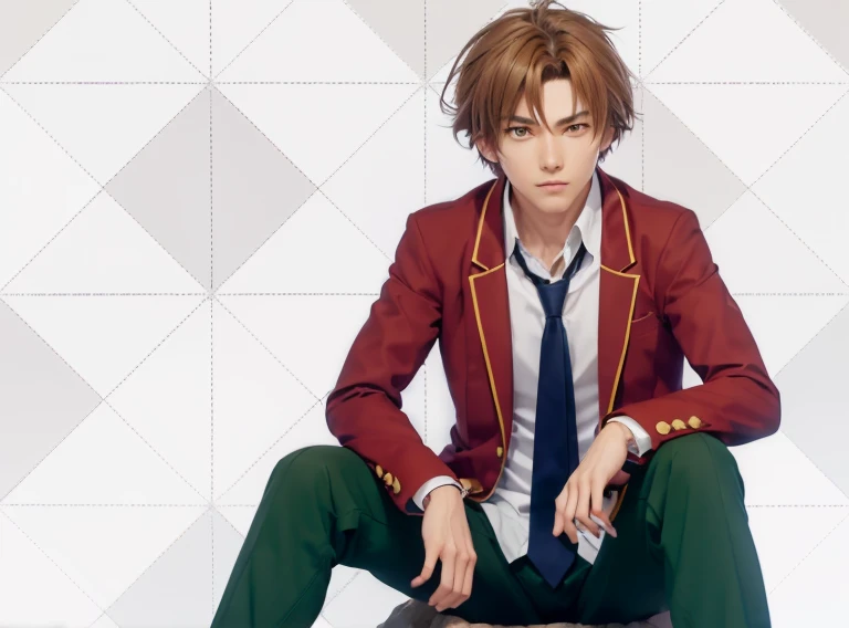 ultra realistic picture of anime male character Ayanokouji Kiyotaka, 17 years, sitting on a rock with his legs crossed, brown curtain messy hair, dark yellow eyes, flat face, no expression, bored eyes, flat eyebroes,wear school uniform, red blazer with yellow buttons, white shirt with blue tie, dark green long pants, anime character, classroom of the elite, white 3d background, detailed skin texture, ultra quality rendering,