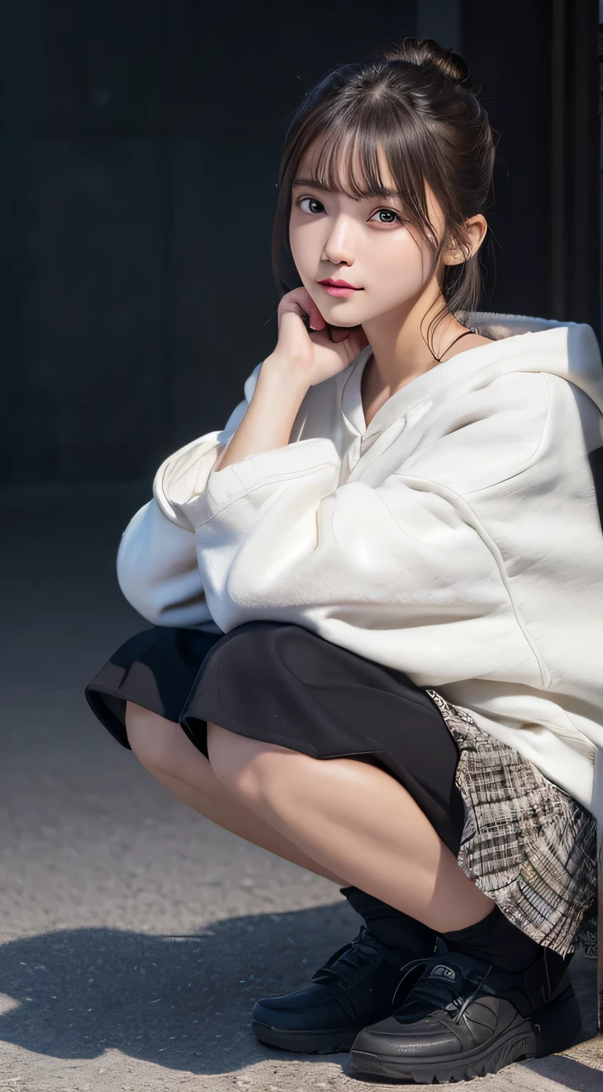 Innocent 16 year old girl、((Random color oversized sweatshirt,skirt,dramatic pose)),cute face,bright eyes,tear bag,shy smile,shortcut,bed background,RAW photo, (8K、highest quality、masterpiece:1.2)、(intricate details:1.4)、(realistic:1.4)、octane rendering、Intricate 3D rendering Super detaileded, soft light in the studio, rim light, vivid details, Super detailed, realistic skin texture, face, beautiful detailed eyes, Highly detailed CG Unity 16k wallpaper, compensate, (detailed background:1.2), shiny skin, whole body、Draw from head to foot,((Squat with your knees bent,M-shaped legs))