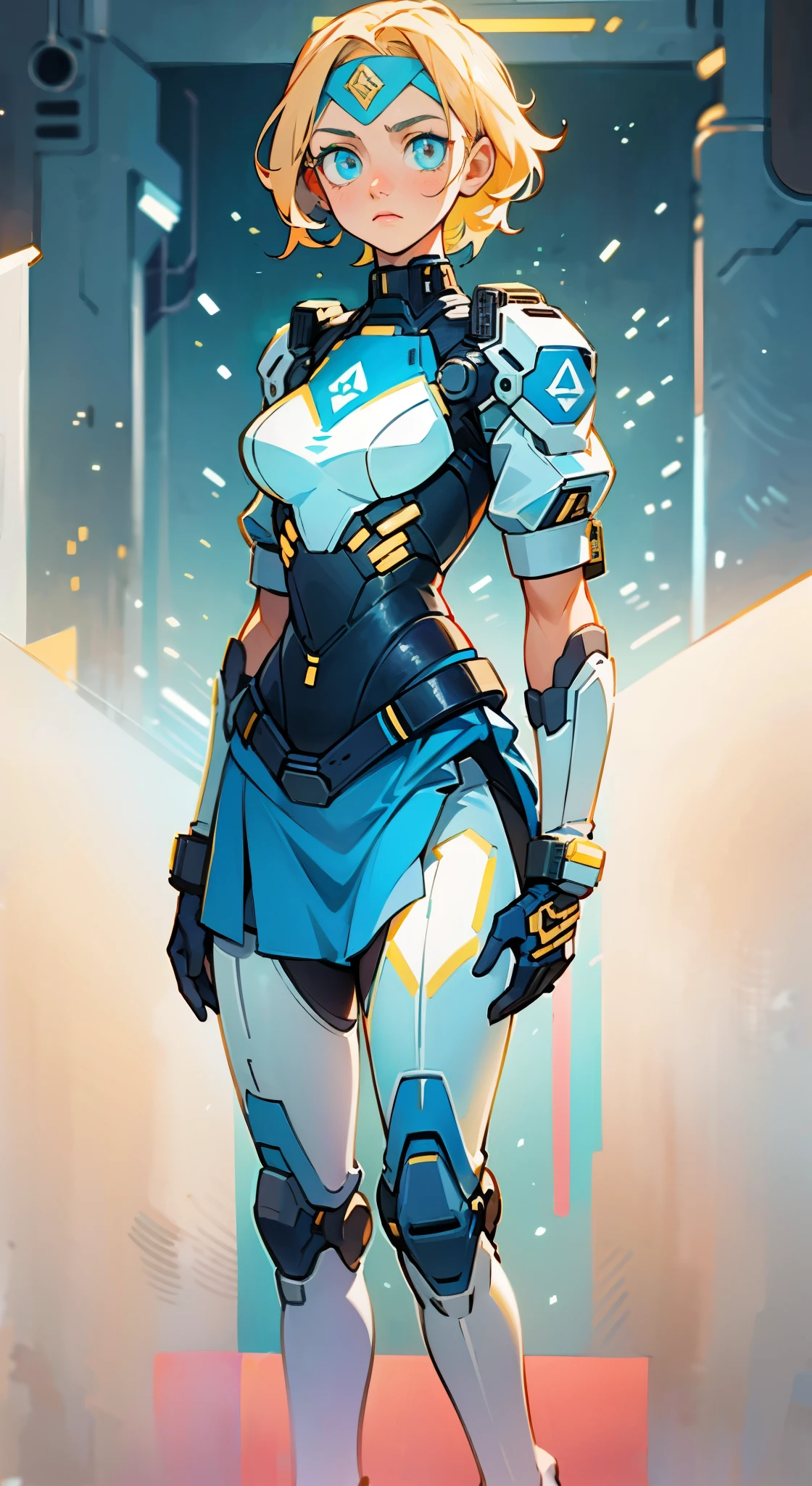 A girl with short light golden hair, a metal headband on her forehead, an icy gaze, a detached expression, a smooth and exquisite facial appearance, a sci-fi military uniform, white as the main color, complemented by blue and yellow accents, short sleeves, gloves, short skirt integrated with the outfit, dark fitted pants, knee-high military boots, standing in a futuristic sci-fi-styled room, Surrounded by AR virtual interfaces, this character embodies a finely crafted a futuristic sci-fi female officer in anime style, exquisite and mature manga art style, high definition, best quality, highres, ultra-detailed, ultra-fine painting, extremely delicate, professional, anatomically correct, symmetrical face, extremely detailed eyes and face, high quality eyes, creativity, RAW photo, UHD, 8k, Natural light, cinematic lighting, masterpiece--perfect, masterpiece:1.5