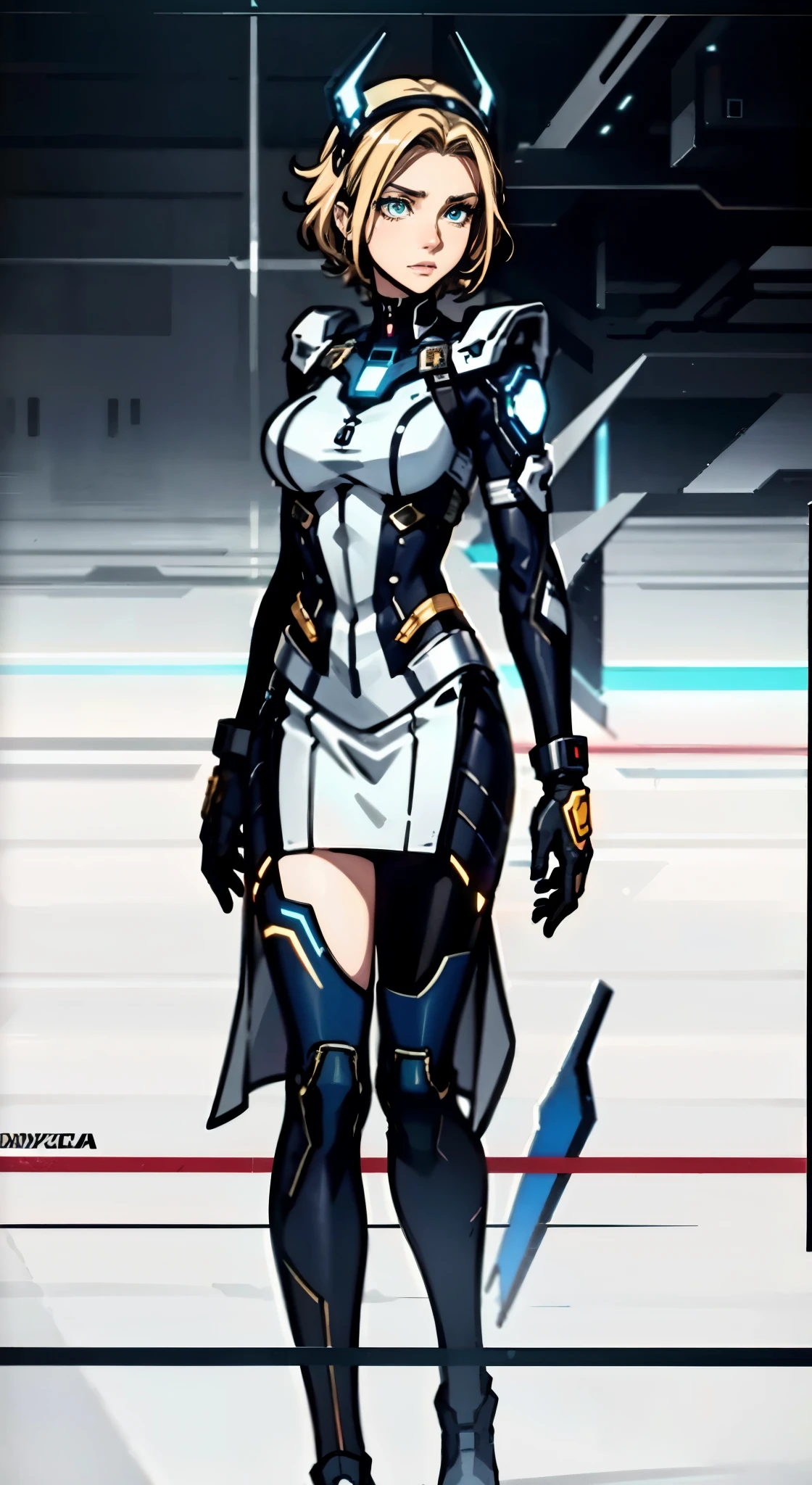 A girl with short light golden hair, a metal headband on her forehead, an icy gaze, a detached expression, a smooth and exquisite facial appearance, a sci-fi military uniform, white as the main color, complemented by blue and yellow accents, short sleeves, gloves, short skirt integrated with the outfit, dark fitted pants, knee-high military boots, standing in a futuristic sci-fi-styled room, Surrounded by AR virtual interfaces, this character embodies a finely crafted a futuristic sci-fi female officer in anime style, exquisite and mature manga art style, high definition, best quality, highres, ultra-detailed, ultra-fine painting, extremely delicate, professional, anatomically correct, symmetrical face, extremely detailed eyes and face, high quality eyes, creativity, RAW photo, UHD, 8k, Natural light, cinematic lighting, masterpiece-anatomy-perfect, masterpiece:1.5