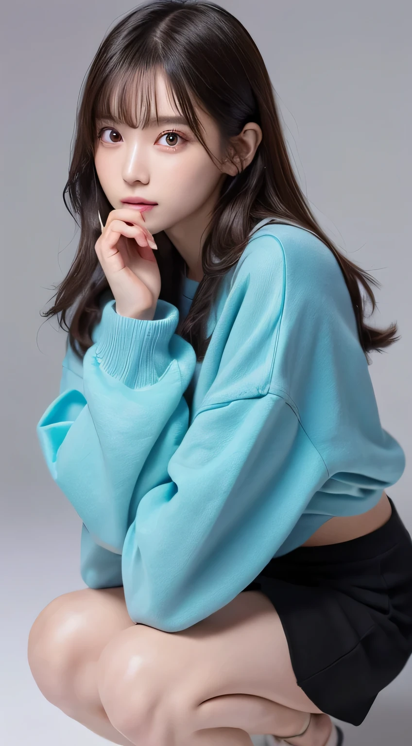 Innocent 16 year old girl、((Random color oversized sweatshirt,skirt,dramatic pose)),cute face,bright eyes,tear bag,shy smile,shortcut,bed background,RAW photo, (8K、highest quality、masterpiece:1.2)、(intricate details:1.4)、(realistic:1.4)、octane rendering、Intricate 3D rendering Super detaileded, soft light in the studio, rim light, vivid details, Super detailed, realistic skin texture, face, beautiful detailed eyes, Highly detailed CG Unity 16k wallpaper, compensate, (detailed background:1.2), shiny skin, whole body、Draw from head to foot,((Squat with your knees bent,M-shaped legs))