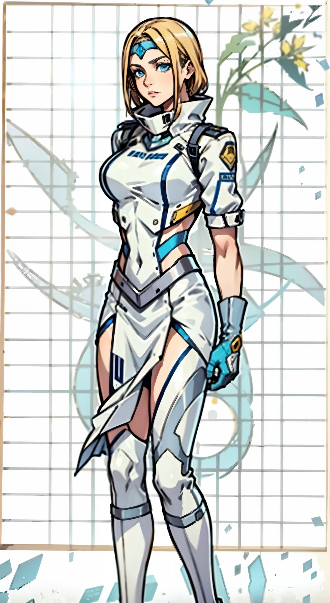 A girl with short light golden hair, a metal headband on her forehead, an icy gaze, a detached expression, a smooth and exquisite facial appearance, a sci-fi military uniform, white as the main color, complemented by blue and yellow accents, short sleeves, gloves, short skirt integrated with the outfit, dark fitted pants, knee-high military boots, standing in a futuristic sci-fi-styled room, Surrounded by AR virtual interfaces, this character embodies a finely crafted a futuristic sci-fi female officer in anime style, exquisite and mature manga art style, high definition, best quality, highres, ultra-detailed, ultra-fine painting, extremely delicate, professional, anatomically correct, symmetrical face, extremely detailed eyes and face, high quality eyes, creativity, RAW photo, UHD, 8k, Natural light, cinematic lighting, masterpiece-anatomy-perfect, masterpiece:1.5