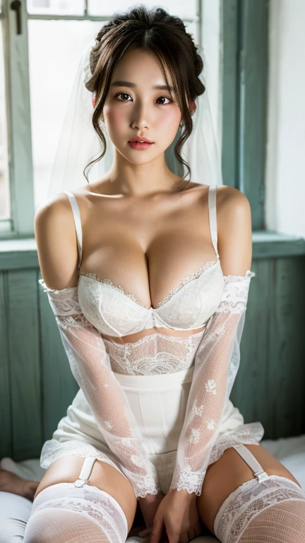 Highly detailed CG Unity 8k wallpaper, top quality, super detailed, masterpiece, realistic, photorealistic, highly detailed cute girl, (25 years old), blush, round eyes, full body, hand between legs, emphasizing the cleavage, extremely huge breast, no bra, wedding veil, (victorian style white wedding dress), very deep U-neck, mini skirt, white lace stocking, garter belt