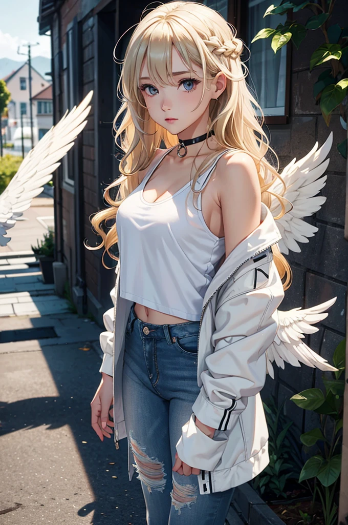 One girl, Medium chest, Blonde Hair, Long Hair, Wavy Hair, Grey Eyes, White Feather Wings, Angel, Outdoor, White jacket, choker, Tank top, jeans