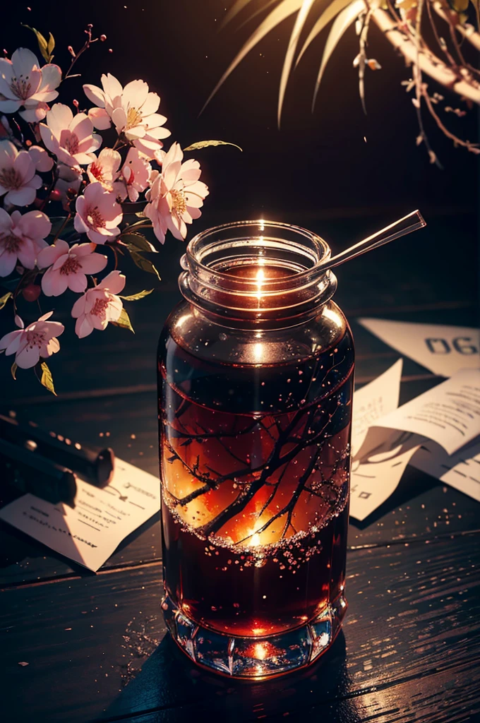 Cherry tree in a bottle, fluffy, realistic, atmospheric light refraction, photographed by lee jeffries, nikon d850 film Stock Photo 4 Kodak portra 400 camera f1.6 lens, rich colors, ultra realistic realistic textures, dramatic lighting, unreal engine trending on artstation cinestill 800, Style-Glass