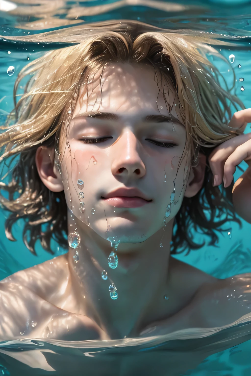 ((best quality)), ((masterpiece)), (detailed), perfect face, Drowning, blonde, boy1, under water, eyes closed