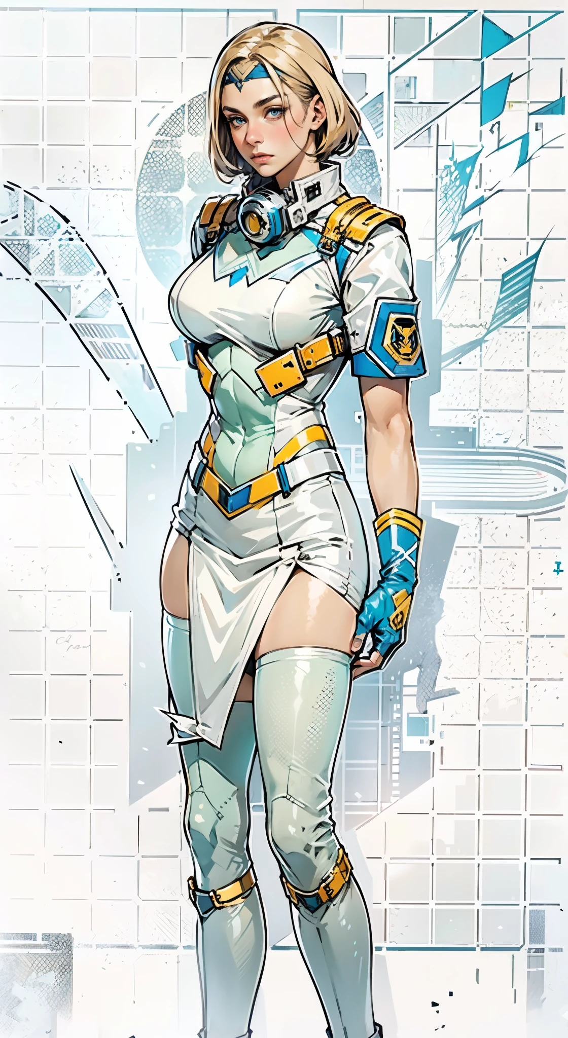 A girl with short light golden hair, a metal headband on her forehead, an icy gaze, a detached expression, a smooth and exquisite facial appearance, a sci-fi military uniform, white as the main color, complemented by blue and yellow accents, short sleeves, gloves, short skirt integrated with the outfit, dark fitted pants, knee-high military boots, standing in a futuristic sci-fi-styled room, Surrounded by AR virtual interfaces, this character embodies a finely crafted a futuristic sci-fi female officer in anime style, exquisite and mature manga art style, high definition, best quality, highres, ultra-detailed, ultra-fine painting, extremely delicate, professional, anatomically correct, symmetrical face, extremely detailed eyes and face, high quality eyes, creativity, RAW photo, UHD, 8k, Natural light, cinematic lighting, masterpiece-anatomy-perfect, masterpiece:1.5