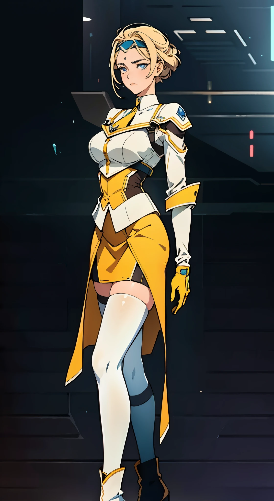 A girl with short light golden hair, a metal headband on her forehead, an icy gaze, a detached expression, a smooth and exquisite facial appearance, a sci-fi military uniform, white as the main color, complemented by blue and yellow accents, short sleeves, gloves, short skirt integrated with the outfit, dark fitted pants, knee-high military boots, standing in a futuristic sci-fi-styled room, Surrounded by AR virtual interfaces, this character embodies a finely crafted a futuristic sci-fi female officer in anime style, exquisite and mature manga art style, high definition, best quality, highres, ultra-detailed, ultra-fine painting, extremely delicate, professional, anatomically correct, symmetrical face, extremely detailed eyes and face, high quality eyes, creativity, RAW photo, UHD, 8k, Natural light, cinematic lighting, masterpiece-anatomy-perfect, masterpiece:1.5