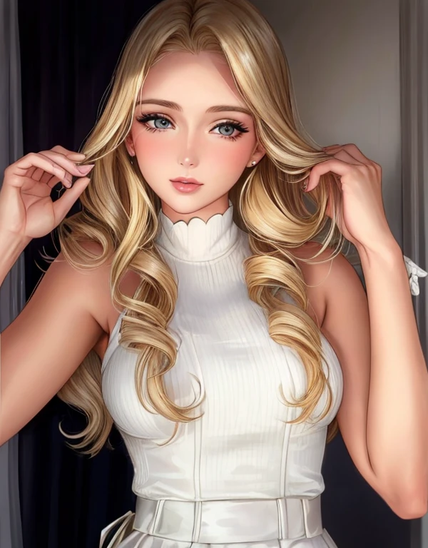 a close up of a woman with long blonde hair and a white top, caroline gariba, a gorgeous blonde, brunette with dyed blonde hair, blonde and attractive features, marischa becker, looks like fabiula nascimento, beautiful blonde girl, 30-year-old woman from cuba, olivia de bernardinis, sleek blond hair, she has blond hair