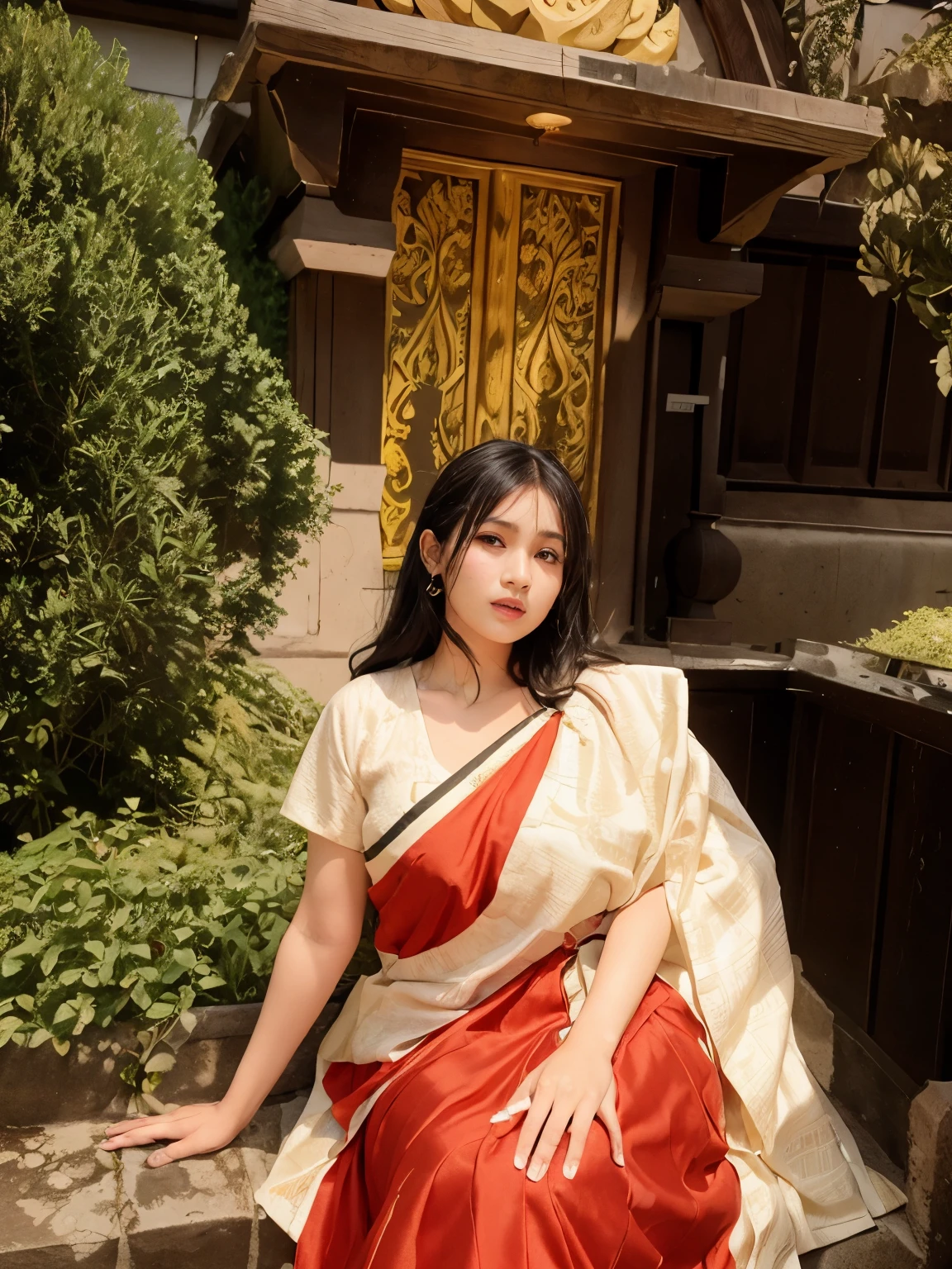 cute sexy girl, black hair, medium boobsrealistic face,8k there is a woman standing on a balcony with a city in the background, assamese aesthetic, taken with sony alpha 9, with a city in the background, wearing bihu dress mekhela sador, candid picture, with lovely look, dressed in a sari, traditional beauty, inspired by Bikash Bhattacharjee, wearing a sari, shot with sony alpha