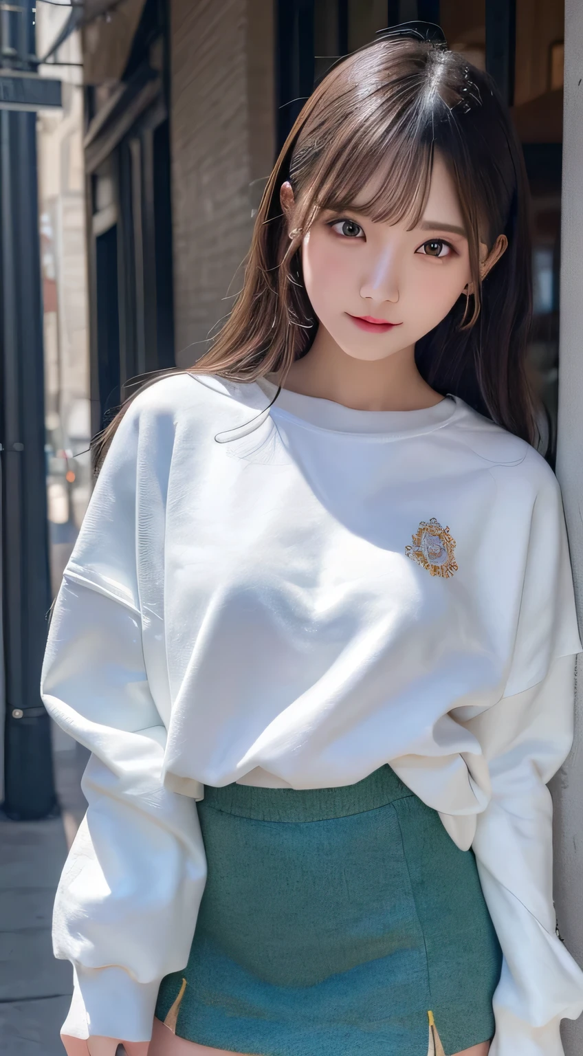 Innocent 16 year old girl、((Random color oversized sweatshirt,random shorts,Reduce visible area of shorts,dramatic pose)),cute face,bright eyes,tear bag,shy smile,shortcut,Cafe background,RAW photo, (8K、highest quality、masterpiece:1.2)、(intricate details:1.4)、(realistic:1.4)、octane rendering、Intricate 3D rendering Super detaileded, soft light in the studio, rim light, vivid details, Super detailed, realistic skin texture, face, beautiful detailed eyes, Highly detailed CG Unity 16k wallpaper, compensate, (detailed background:1.2), shiny skin, whole body、Draw from head to foot,((Stand alone'lift up the skirt,Thighs are visible))
