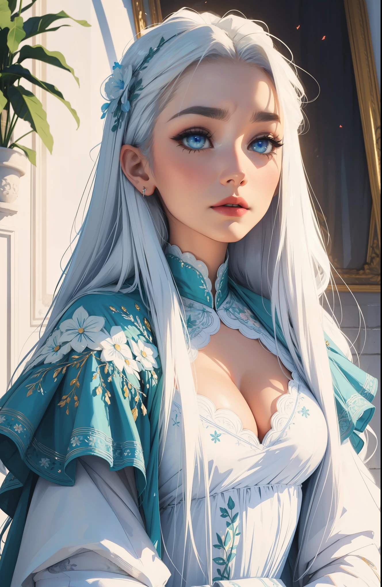 Russian Empire, neon, Fabulous portrait of a fairytale girl, dressed in a pale white simple 19th century silk dress with silver embroidery, face, похожее на face Дейенерис, long white hair, Stunning blue eyes, big breasts, реалистичное face, complex parts, Beautiful fantasy setting, "silver-blue-green floral embroidery, 8K, HD