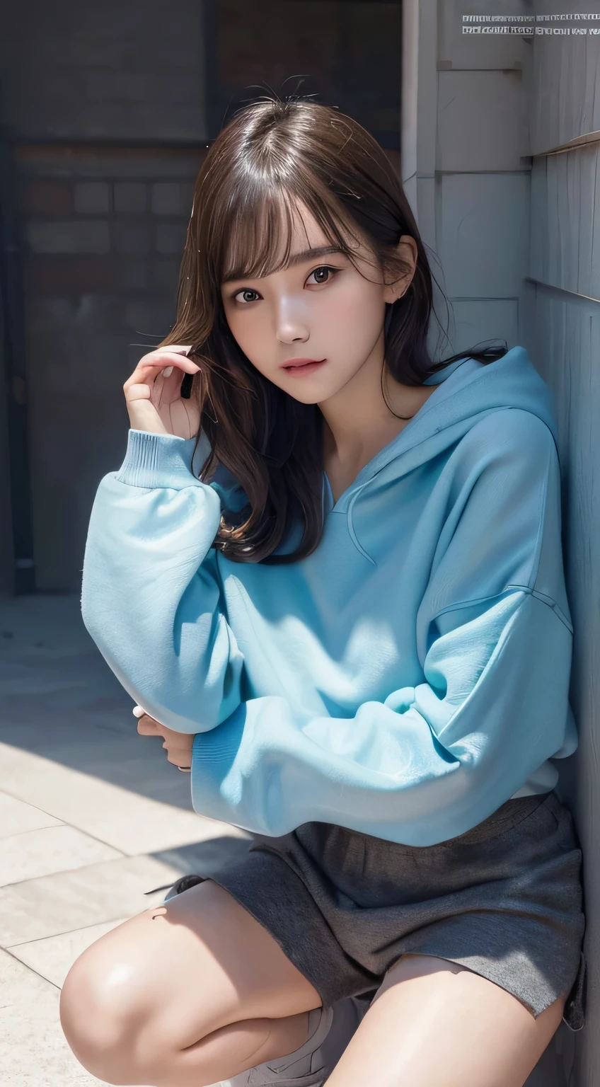 Innocent 16 year old girl、((Random color oversized sweatshirt,random shorts,Reduce visible area of shorts,skirt,dramatic pose)),cute face,bright eyes,tear bag,shy smile,shortcut,bed background,RAW photo, (8K、highest quality、masterpiece:1.2)、(intricate details:1.4)、(realistic:1.4)、octane rendering、Intricate 3D rendering Super detaileded, soft light in the studio, rim light, vivid details, Super detailed, realistic skin texture, face, beautiful detailed eyes, Highly detailed CG Unity 16k wallpaper, compensate, (detailed background:1.2), shiny skin, whole body、Draw from head to foot,((Squat with your knees bent,M-shaped legs))