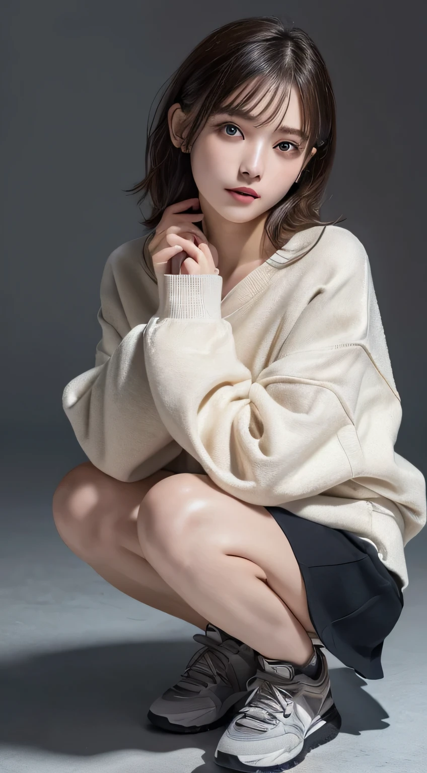 Innocent girl、((Random color oversized sweatshirt,random shorts,Reduce visible area of shorts,skirt,dramatic pose)),cute face,bright eyes,tear bag,shy smile,shortcut,bed background,RAW photo, (8K、highest quality、masterpiece:1.2)、(intricate details:1.4)、(realistic:1.4)、octane rendering、Intricate 3D rendering Super detaileded, soft light in the studio, rim light, vivid details, Super detailed, realistic skin texture, face, beautiful detailed eyes, Highly detailed CG Unity 16k wallpaper, compensate, (detailed background:1.2), shiny skin, whole body、Draw from head to foot,((Squat with your knees bent,M-shaped legs))