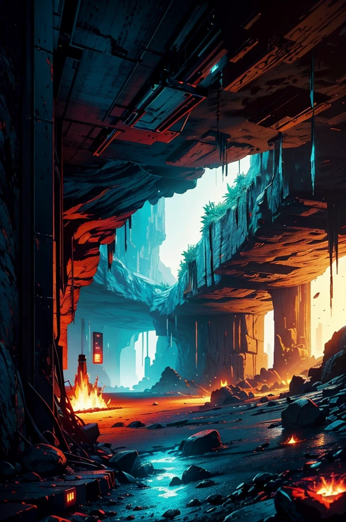 Cave cave interior scene, horizontal scene, game sideboard scene, retro cyberpunk style, steam age, parallel perspective, cyberpunk, lava cave scene, heads-up, retro