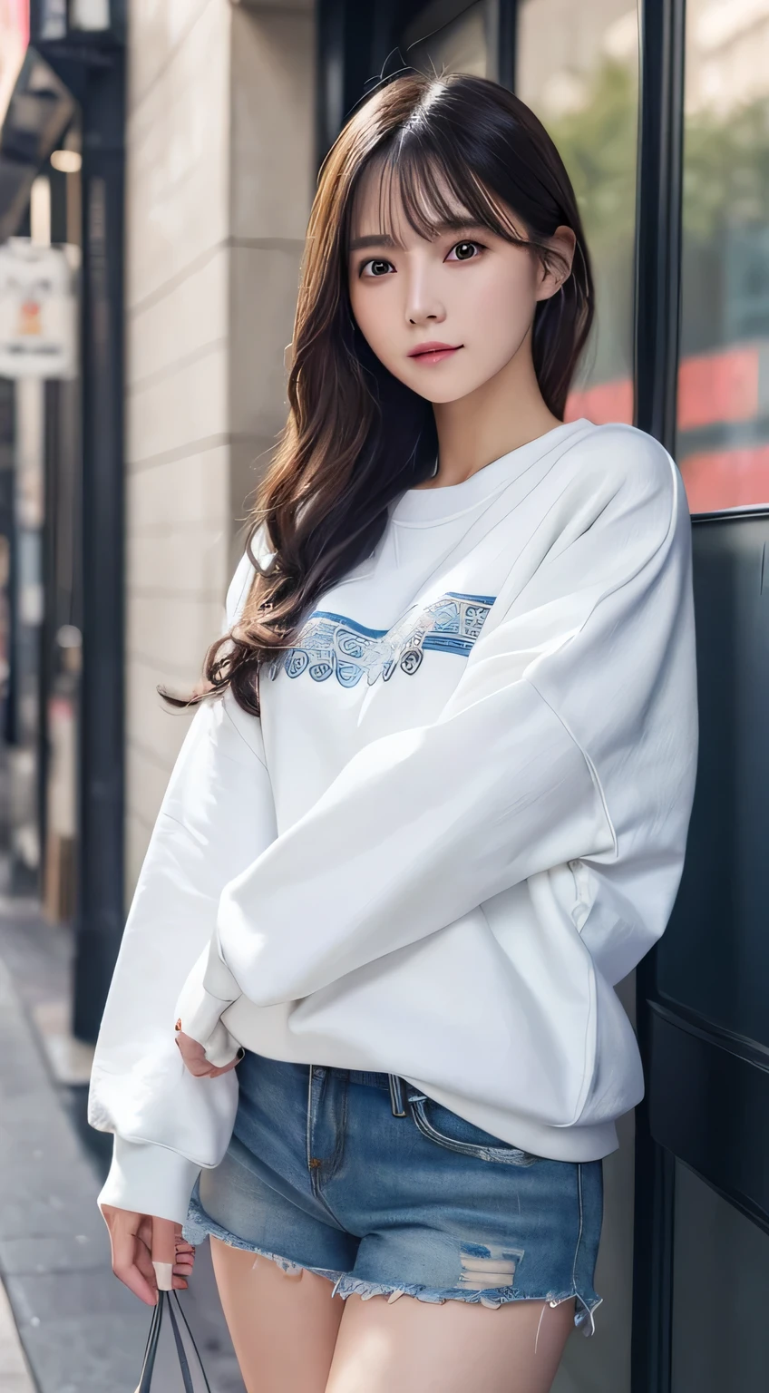 Innocent 16 year old girl、((Random color oversized sweatshirt,random shorts,Reduce visible area of shorts,dramatic pose)),cute face,bright eyes,tear bag,shy smile,shortcut,Cafe background,RAW photo, (8K、highest quality、masterpiece:1.2)、(intricate details:1.4)、(realistic:1.4)、octane rendering、Intricate 3D rendering Super detaileded, soft light in the studio, rim light, vivid details, Super detailed, realistic skin texture, face, beautiful detailed eyes, Highly detailed CG Unity 16k wallpaper, compensate, (detailed background:1.2), shiny skin, whole body、Draw from head to foot,((stand,Thighs are visible))