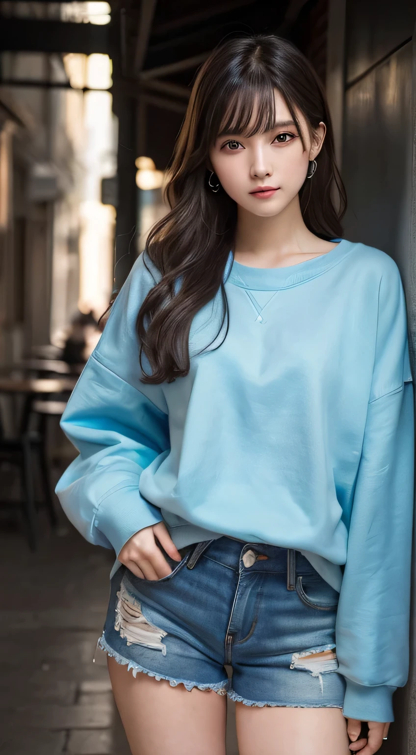 Innocent girl、((Random color oversized sweatshirt,random shorts,Reduce visible area of shorts,dramatic pose)),cute face,bright eyes,tear bag,shy smile,shortcut,Cafe background,RAW photo, (8K、highest quality、masterpiece:1.2)、(intricate details:1.4)、(realistic:1.4)、octane rendering、Intricate 3D rendering Super detaileded, soft light in the studio, rim light, vivid details, Super detailed, realistic skin texture, face, beautiful detailed eyes, Highly detailed CG Unity 16k wallpaper, compensate, (detailed background:1.2), shiny skin, whole body、Draw from head to foot,((stand,Thighs are visible))