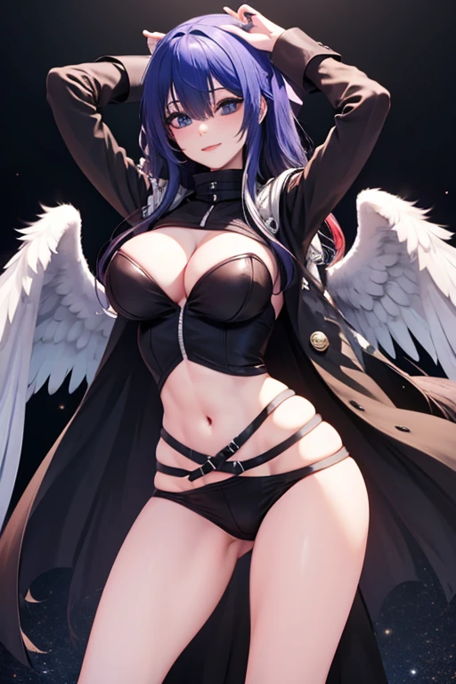 Black hair, blue eyes, large breast, sexy, beautiful body, bed, Masterpiece, angel, white wings, smile