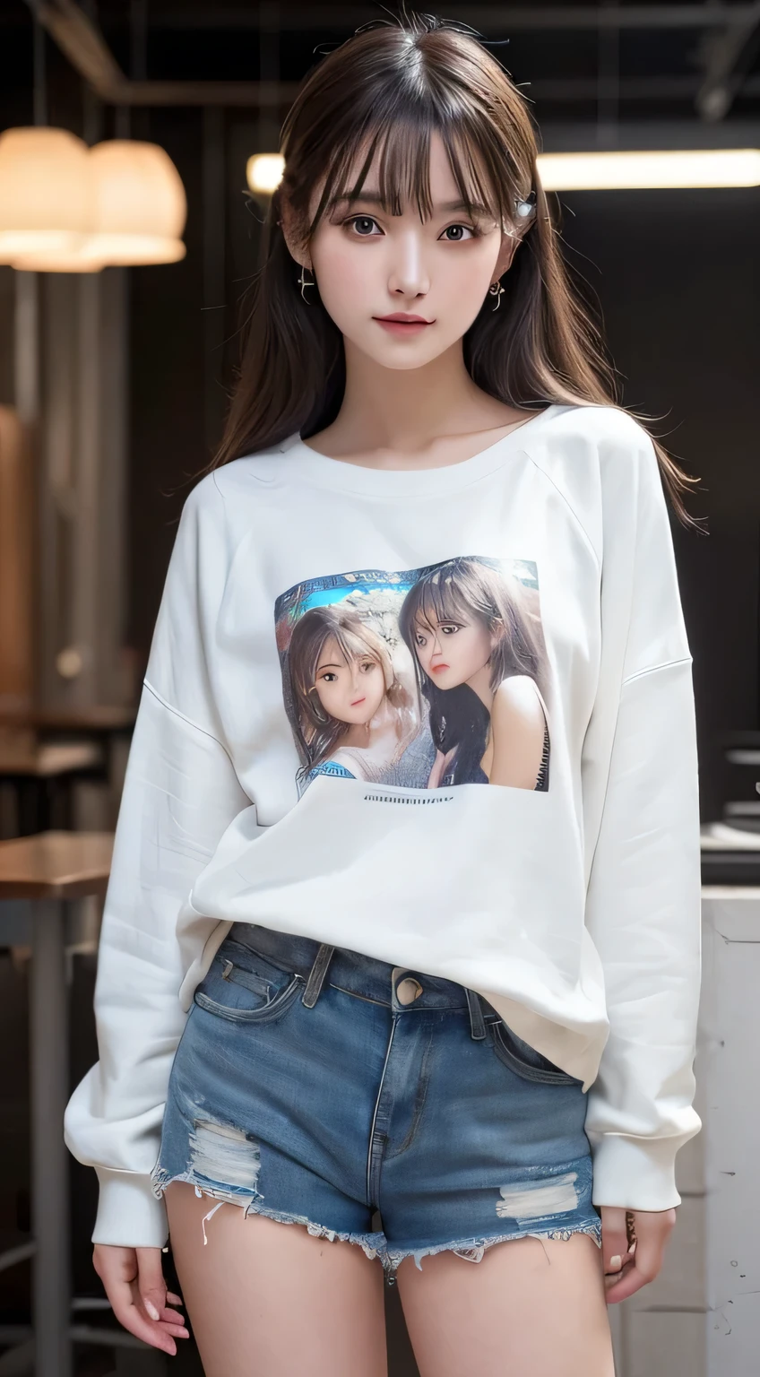 Innocent 16 year old girl、((Random color oversized sweatshirt,random shorts,Reduce visible area of shorts,dramatic pose)),cute face,bright eyes,tear bag,shy smile,shortcut,Cafe background,RAW photo, (8K、highest quality、masterpiece:1.2)、(intricate details:1.4)、(realistic:1.4)、octane rendering、Intricate 3D rendering Super detaileded, soft light in the studio, rim light, vivid details, Super detailed, realistic skin texture, face, beautiful detailed eyes, Highly detailed CG Unity 16k wallpaper, compensate, (detailed background:1.2), shiny skin, whole body、Draw from head to foot,((stand,Thighs are visible))
