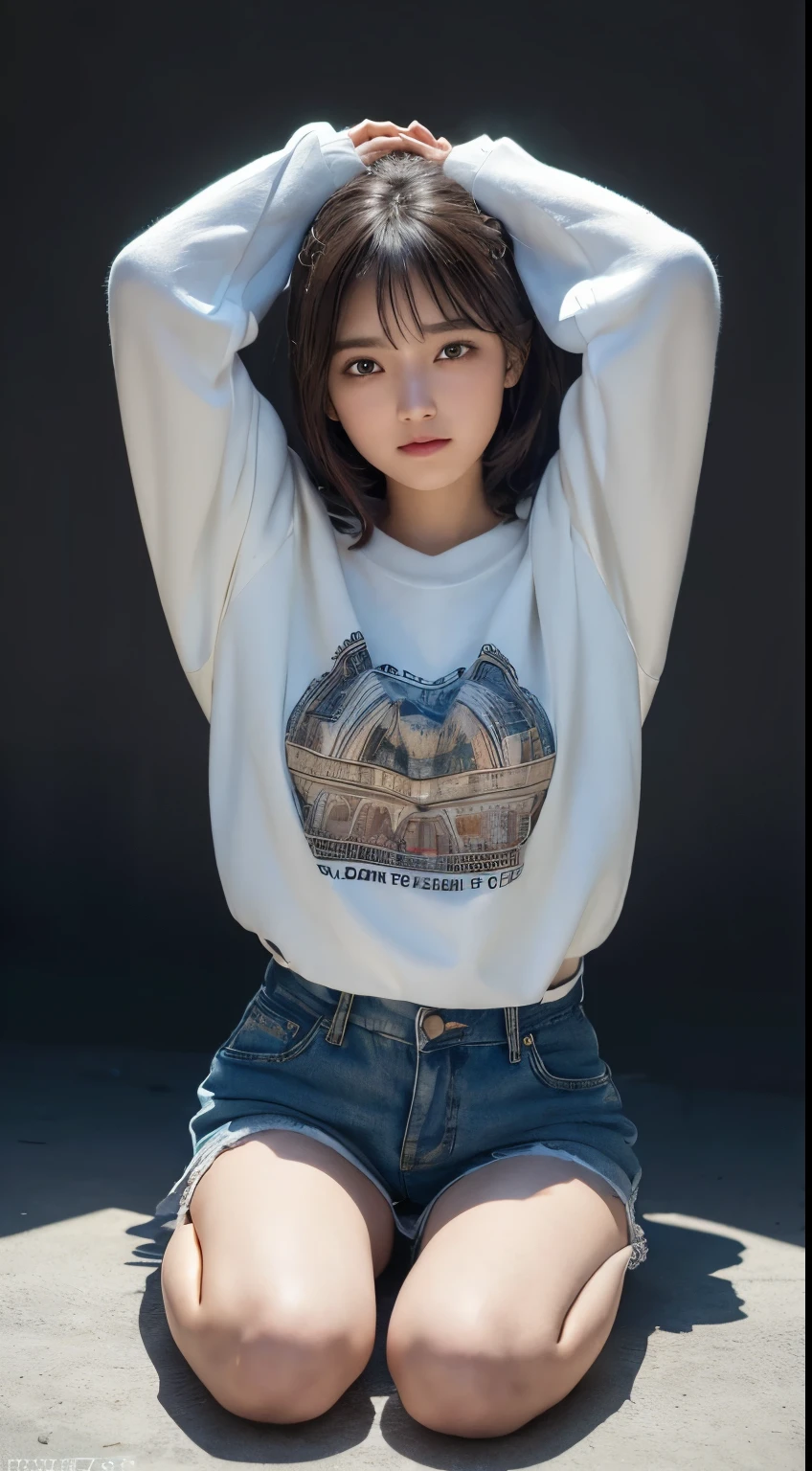 Innocent 16 year old girl、((Oversized sweatshirts in random colors,random shorts,Reduce the visible area of shorts,dramatic pose)),cute face,bright eyes,tear bag,shy smile,shortcut,Cafe background,Raw photo, (8K、highest quality、masterpiece:1.2)、(intricate details:1.4)、(photorealistic:1.4)、octane rendering、Intricate 3D rendering super detailed, studio soft light, rim light, vivid details, super detail, realistic skin texture, details face, beautiful detail eyes, Highly detailed CG Unity 16k wallpaper, Makeup, (Detailed background:1.2), shiny skin, whole body、Draw from head to foot,((Raise your hands and arms,Stand on your knees,I can see my thighs))