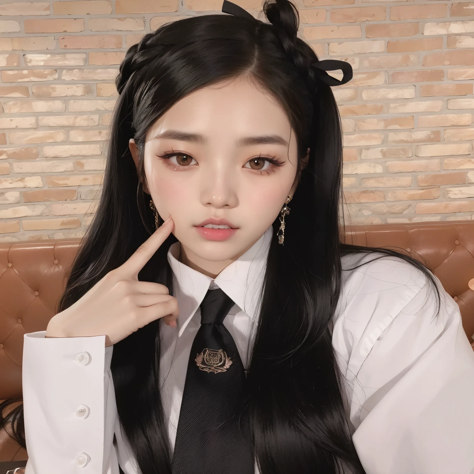 There's a woman with long black hair wearing a tie, Ulzzang, adorable and pale korean face, jossi do blackpink, jaeyeon nam, portrait of jossi do blackpink, korean idol, jia, Jinyoung Shin, with black braids, maquiagem sul-coreana popular, Heonhwa Choe, Lalisa Manobal, kda, Jisoo do Blackpink