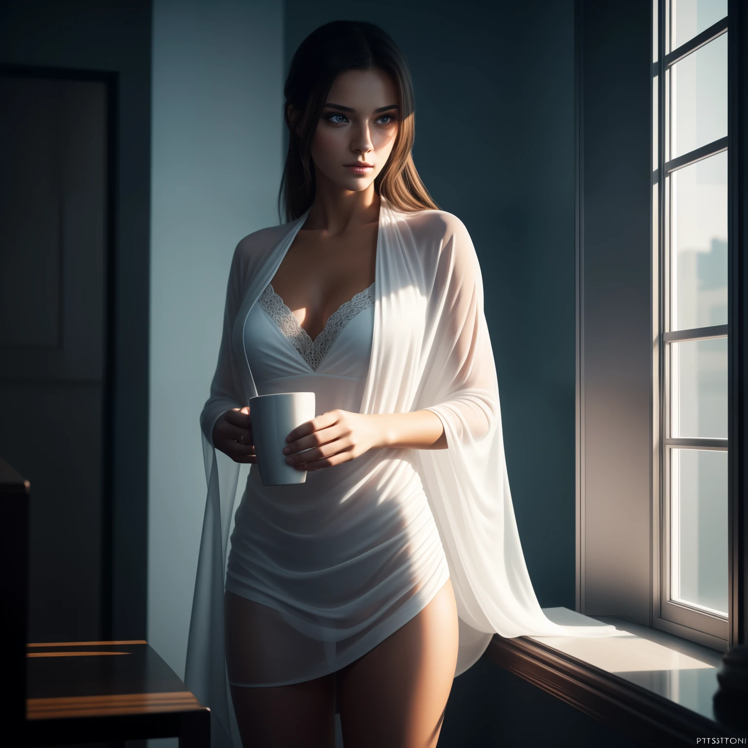 morning, Holding a cup of coffee in your hand, 18 year old girl stands in front of the window, in a translucent night robe, Photoреалистичная, Photo, masterpiece, realistic, realism, photorealism, high contrast, Photoреалистичное цифровое искусство в тренде на Artstation 8k HD HD, detailed, Realistic, Detailed leather texture, ultra-detailed, realistic skin texture, armature, Best quality, ultra high resolution, (Photoреалистичная: 1.4),, a high resolution, detailed, RAW Photo, abrupt repetition, Nikon D850 Пленка Стоковое Photo 4 Фотоаппарат Kodak Portra 400 с объективом F1.6 rich colors, hyper realistic texture, impressive lighting, Unreal quality on the ArtStation Cinestill 800