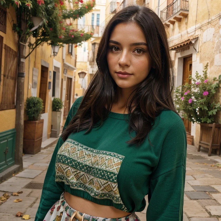 Too beautiful brunette with striking features Spanish Latin with long black hair 33 years old with big bright green eyes, taking a selfie dressed in clothes for the European Autumn in Spain