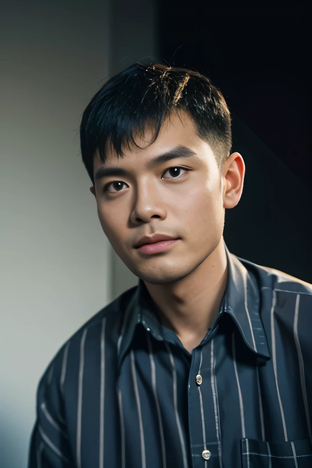Highly realistic photo, ((masterpiece), (best quality), (raw photo), (photorealistic:1.4), Portrait of Vietnamese man, 25 years old, black hair with side bangs, ((wearing a striped shirt)) , dark blue background , photo taken by Sony A7IV