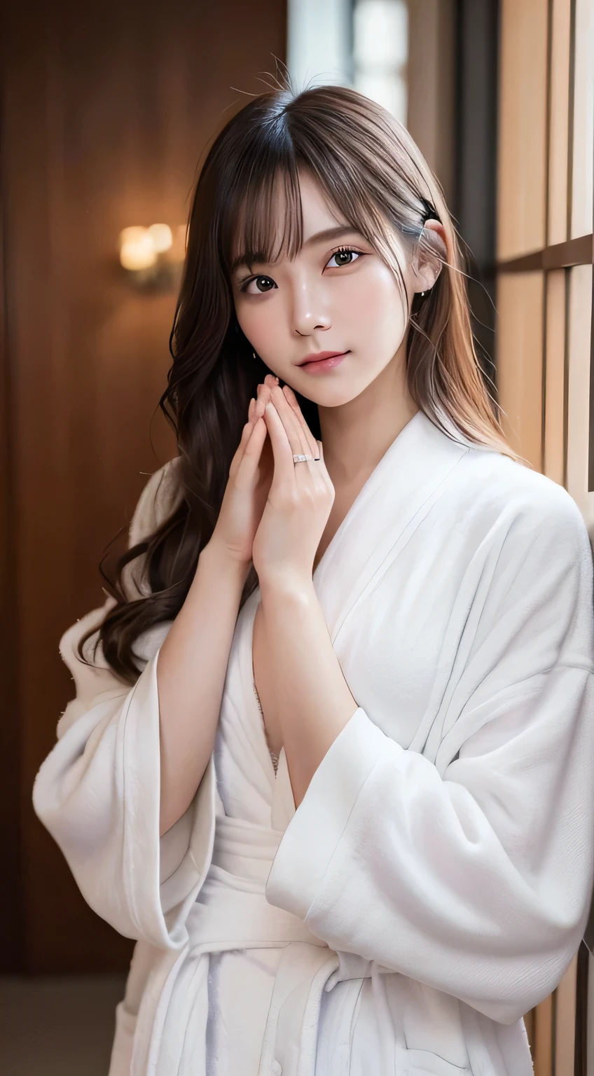 innocent 18 year old girl、((random color bathrobe,dramatic pose)),cute face,bright eyes,tear bag,shy smile,shortcut,background in a hotel,RAW photo, (8K、highest quality、masterpiece:1.2)、(intricate details:1.4)、(realistic:1.4)、octane rendering、Intricate 3D rendering Super detaileded, soft light in the studio, rim light, vivid details, Super detailed, realistic skin texture, face, beautiful detailed eyes, Highly detailed CG Unity 16k wallpaper, compensate, (detailed background:1.2), shiny skin, whole body、Draw from head to foot,((Raise your hands and arms,Stand on your knees,Thighs are visible))
