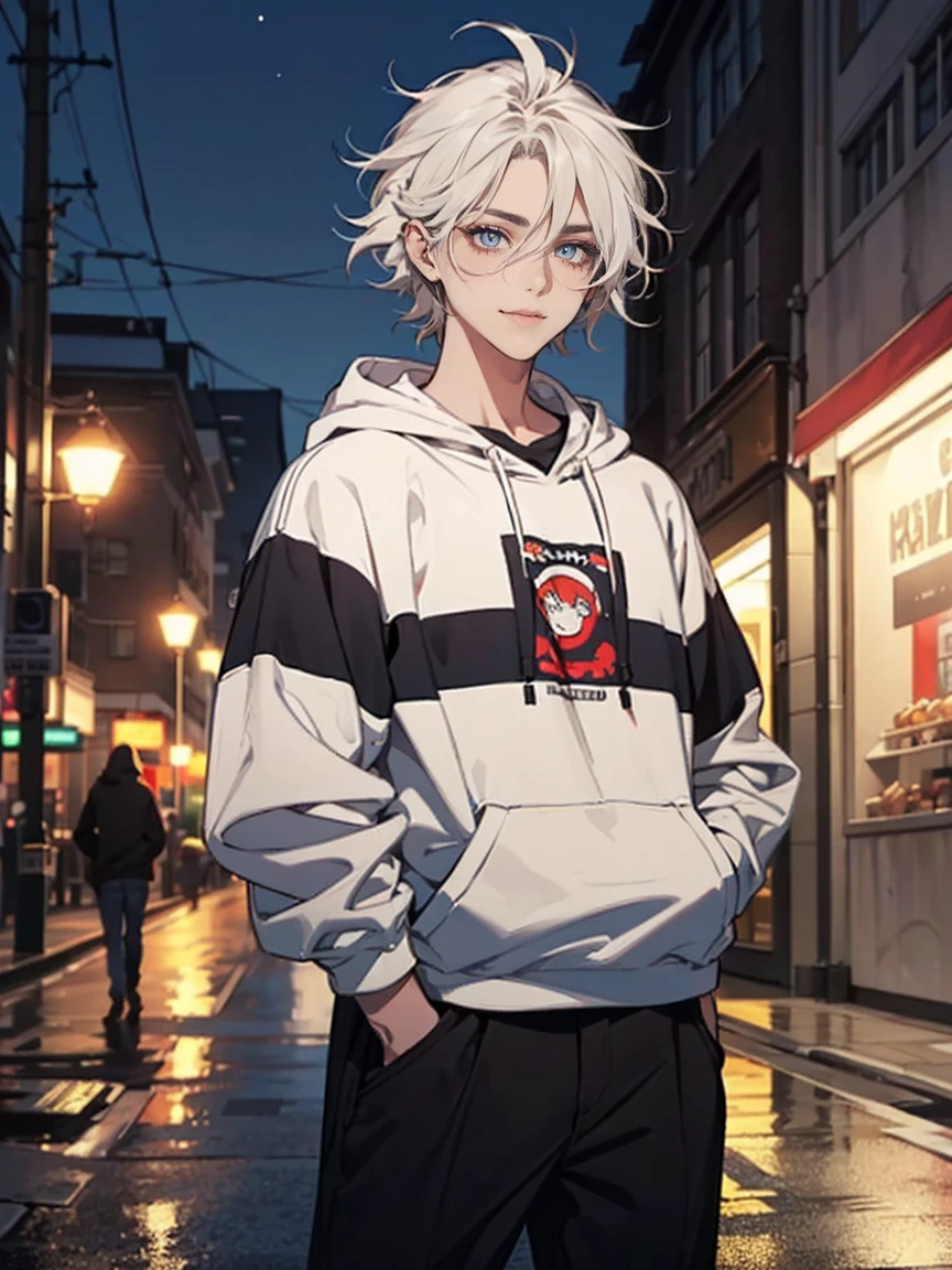 ((Mais alta qualidade, obra de arte, 4k, finamente detalhado, olhos detalhados, rosto detalhado, gelbooru, pixiv)), ((Sozinho)), 1 homem, (bonito, Masculino, adulto masculino, ombros largos), ((Restolho de queixo)), (sorrindo com presas mostrando, olhando para o espectador), ((lazy eyes, olhos cansados, semi-tampado, bolsas oculares sob os olhos, olhos pretos com pupilas brancas)), ((moletom escuro, moletom)), ((Cabelo preto, Medium length hair, penteado desgrenhado, Messy hair)), (city background at night, Standing with his hands in the pockets of his hood)
